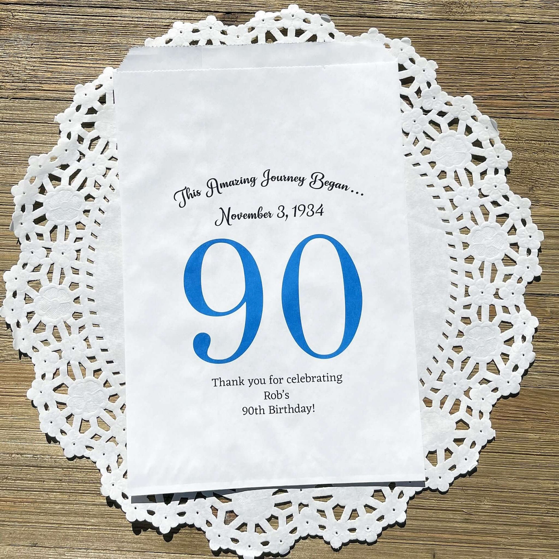 Personalized 90th Birthday Favor Bags for the guest of honor with a large 90 printed, birth date and a thank you to your guests.  Adult favor bags are larger than most and can be filled with many different treats.  Favor bags are white with large 90 printed in 9 colors to choose from.
