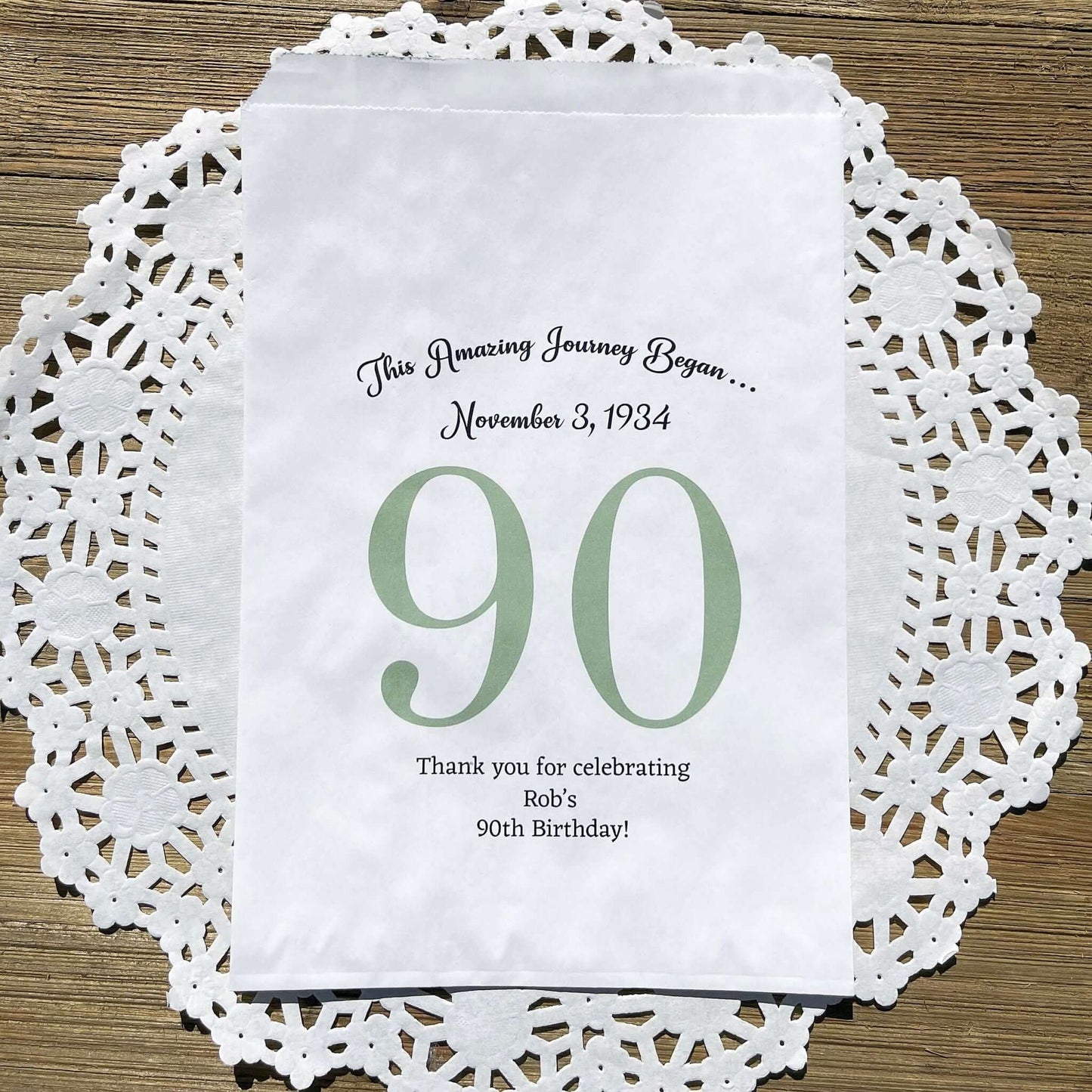 Personalized 90th Birthday Favor Bags for the guest of honor with a large 90 printed, birth date and a thank you to your guests.  Adult favor bags are larger than most and can be filled with many different treats.  Favor bags are white with large 90 printed in 9 colors to choose from.