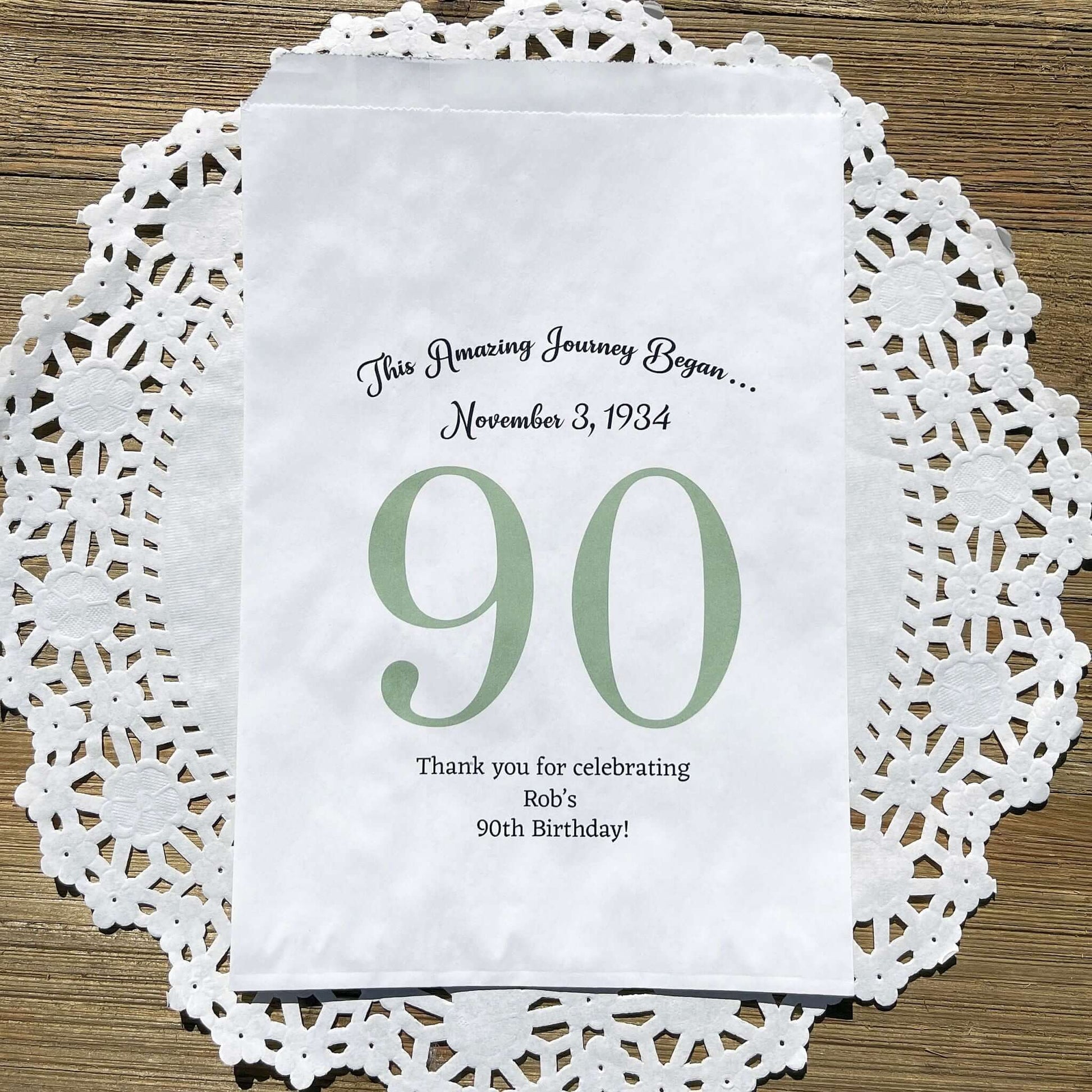 Personalized 90th Birthday Favor Bags for the guest of honor with a large 90 printed, birth date and a thank you to your guests.  Adult favor bags are larger than most and can be filled with many different treats.  Favor bags are white with large 90 printed in 9 colors to choose from.