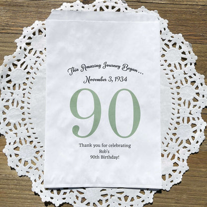 Personalized 90th Birthday Favor Bags for the guest of honor with a large 90 printed, birth date and a thank you to your guests.  Adult favor bags are larger than most and can be filled with many different treats.  Favor bags are white with large 90 printed in 9 colors to choose from.