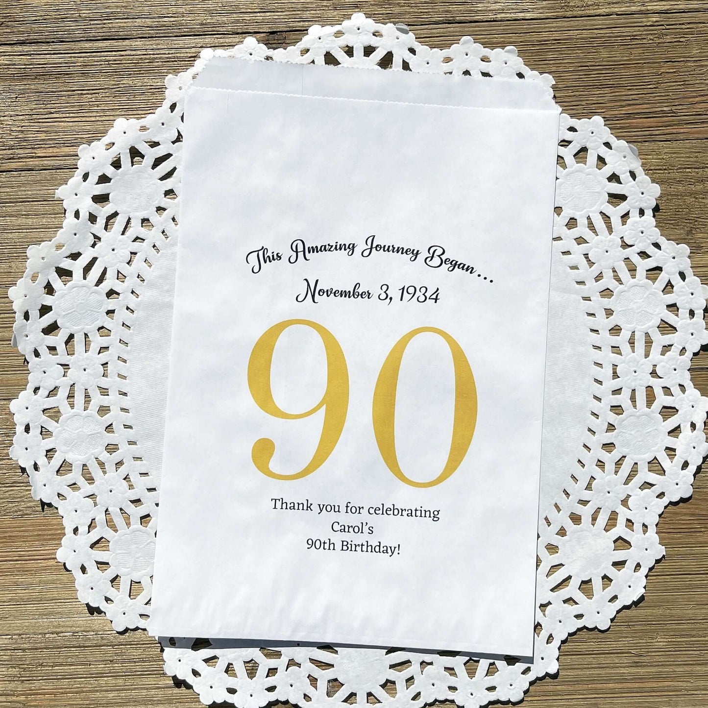 Personalized 90th Birthday Favor Bags for the guest of honor with a large 90 printed, birth date and a thank you to your guests.  Adult favor bags are larger than most and can be filled with many different treats.  Favor bags are white with large 90 printed in 9 colors to choose from.