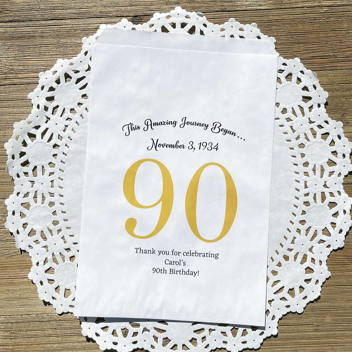 Personalized 90th Birthday Favor Bags for the guest of honor with a large 90 printed, birth date and a thank you to your guests.  Adult favor bags are larger than most and can be filled with many different treats.  Favor bags are white with large 90 printed in 9 colors to choose from.