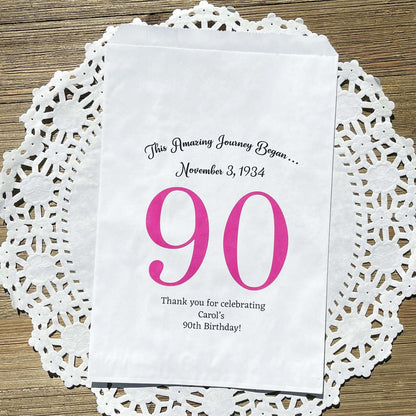 Personalized 90th Birthday Favor Bags for the guest of honor with a large 90 printed, birth date and a thank you to your guests.  Adult favor bags are larger than most and can be filled with many different treats.  Favor bags are white with large 90 printed in 9 colors to choose from.