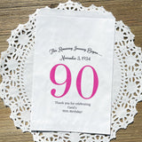Our 90th birthday party favors bags are personalized for the guest of honor with a large 90 printed, birth date and a thank you to your guests.  Adult favor bags are larger than most and can be filled with many different treats.  Favor bags are white with large 90 printed in 9 colors to choose from.