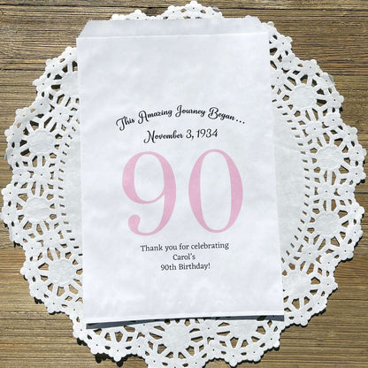 Personalized 90th Birthday Favor Bags for the guest of honor with a large 90 printed, birth date and a thank you to your guests.  Adult favor bags are larger than most and can be filled with many different treats.  Favor bags are white with large 90 printed in 9 colors to choose from.