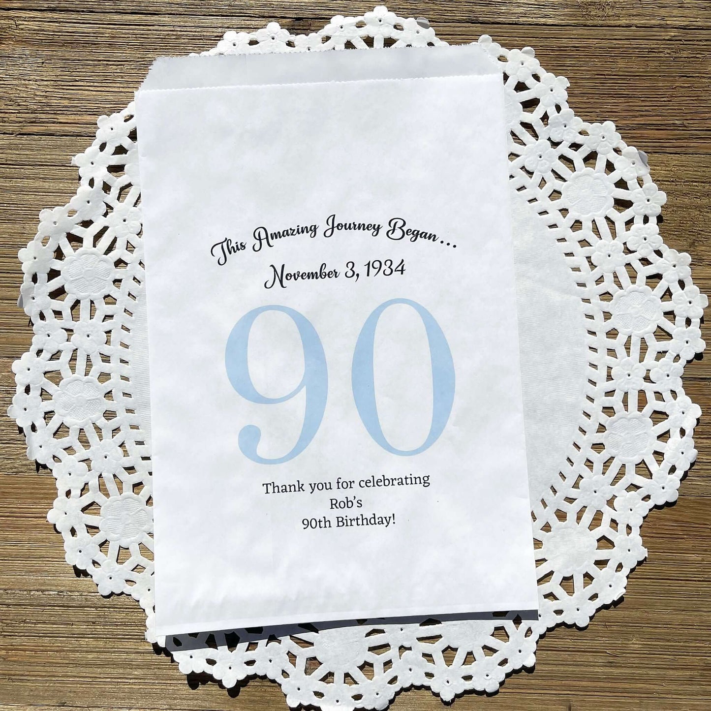 Personalized 90th Birthday Favor Bags for the guest of honor with a large 90 printed, birth date and a thank you to your guests.  Adult favor bags are larger than most and can be filled with many different treats.  Favor bags are white with large 90 printed in 9 colors to choose from.