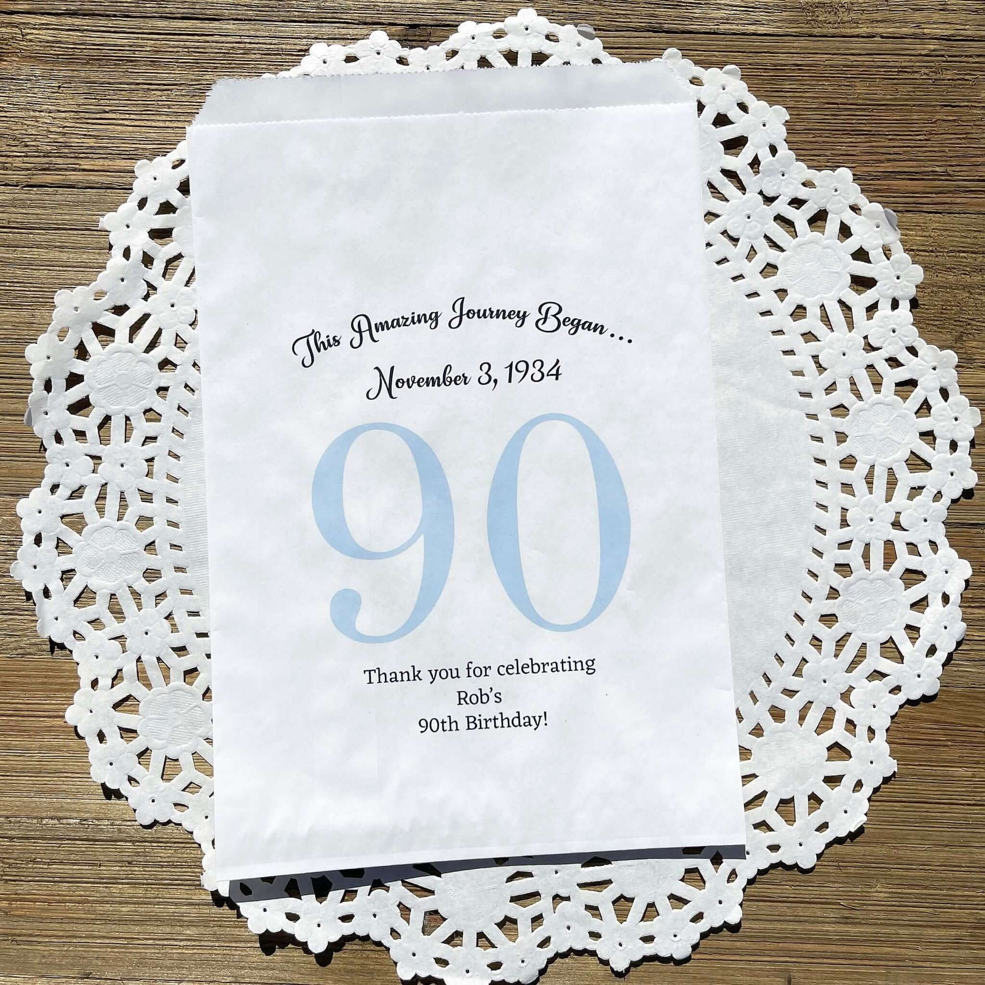 Personalized 90th Birthday Favor Bags for the guest of honor with a large 90 printed, birth date and a thank you to your guests.  Adult favor bags are larger than most and can be filled with many different treats.  Favor bags are white with large 90 printed in 9 colors to choose from.