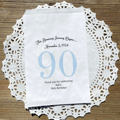 Personalized 90th Birthday Favor Bags for the guest of honor with a large 90 printed, birth date and a thank you to your guests.  Adult favor bags are larger than most and can be filled with many different treats.  Favor bags are white with large 90 printed in 9 colors to choose from.