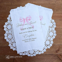 Babies are sweet enjoy a treat thank you for making my day complete.  Adorned with a pink bow and personalized for the mother to be these bags are perfect for a candy bar or any sweet treat for your guests.  