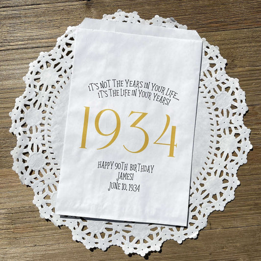 Adult birthday favor bags personalized,  white bags with the year the guest of honor was born printed with their birth date.  Your choice of colors, adorned with a sweet message.  