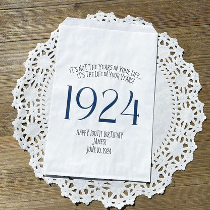 Adult birthday favor bags personalized,  white bags with the year the guest of honor was born printed with their birth date.  Your choice of colors, adorned with a sweet message.  