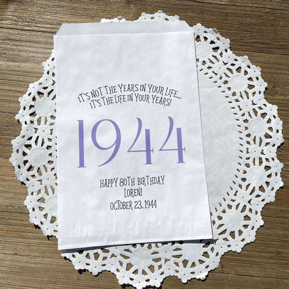Adult birthday favor bags personalized,  white bags with the year the guest of honor was born printed with their birth date.  Your choice of colors, adorned with a sweet message.  