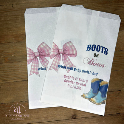 Celebrate the big reveal with Boots or Bows Gender Reveal Bags — the perfect party favor for your special announcement.  White bags personalized for the parents to be, adorned with a pink bow and blue boots to highlight the theme.