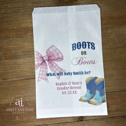 Celebrate the big reveal with Boots or Bows Gender Reveal Bags — the perfect party favor for your special announcement.  White bags personalized for the parents to be, adorned with a pink bow and blue boots to highlight the theme.