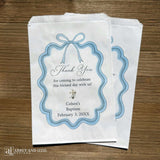 Blue Bow Baptism Favor Bags Personalized, transform your baptism celebration with custom favor bags that reflect the uniqueness of your special day. These expertly crafted bags feature an elegant blue bow and can be personalized with your child's name, baptism date, and a meaningful message.