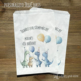 Thanks for Stompling By!  Our dinosaur treat bags are sure to be a hit, adorned with cute dinosuars with hats and balloons to celebrate the honoree.  Personalized with the childs name and birthday year.  Printed on white bags these are colorful and fun!