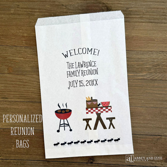 Silverware Bags Family Reunion, personalized with a barbecue theme.  Personalized utensil bags for family reunion or family barbecue.  