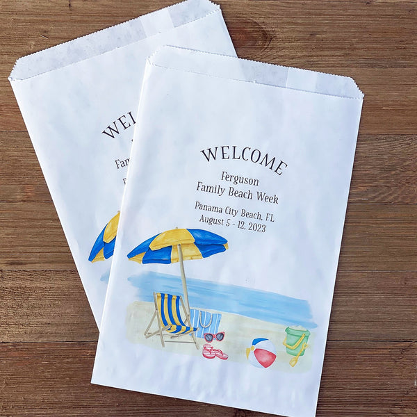 Beach week family reunion favor bags, adorned with a cute beach scene and personalized for the family.  Bags are white and larger than most favor bags, use for cookies, candy or utensils.  
