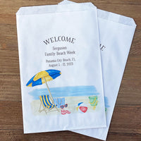 Beach week family reunion favor bags, adorned with a cute beach scene and personalized for the family. Bags are white and larger than most favor bags, use for cookies, candy or utensils.