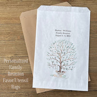 Personalized family reunion favor bags that can be used as utensil bags also.  Your choice of white or brown bag each is printed with a beautiful tree and personalized with the family name and reunion date.  