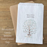 Personalized family reunion favor bags that can be used as utensil bags also.  Your choice of white or brown bag each is printed with a beautiful tree and personalized with the family name and reunion date.  