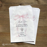 Pink Bow Baptism Favor Bags Personalized, celebrate this sacred milestone with elegant personalized baptism favor bags featuring delicate pink bows. Each bag is customized with your child's name, date, or special message, creating a meaningful keepsake guests will treasure.