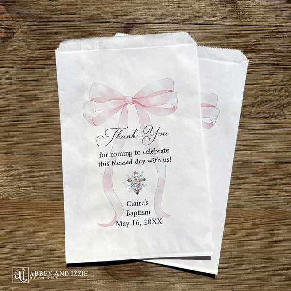 Pink Bow Baptism Favor Bags Personalized, celebrate this sacred milestone with elegant personalized baptism favor bags featuring delicate pink bows. Each bag is customized with your child's name, date, or special message, creating a meaningful keepsake guests will treasure.