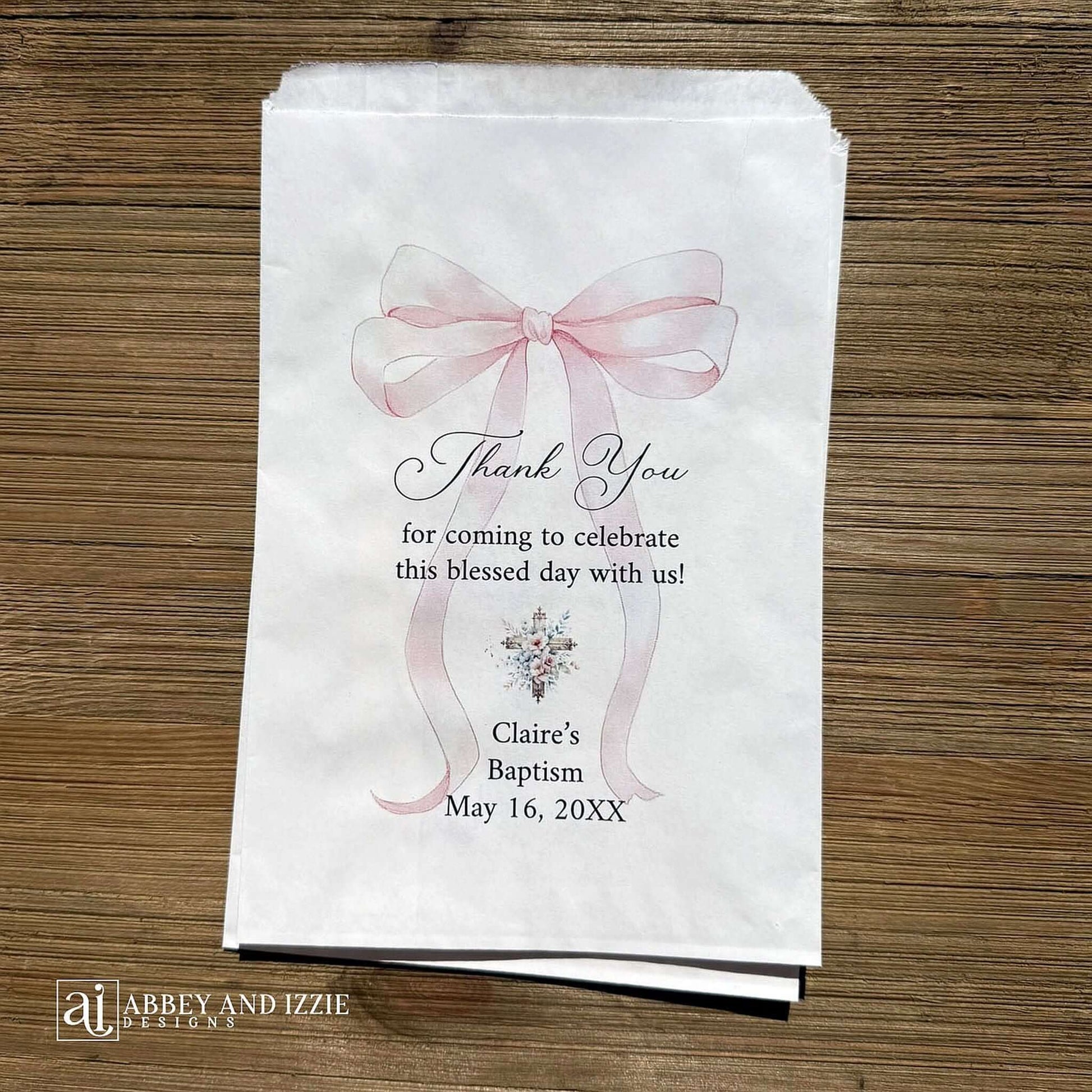Pink Bow Baptism Favor Bags Personalized, celebrate this sacred milestone with elegant personalized baptism favor bags featuring delicate pink bows. Each bag is customized with your child's name, date, or special message, creating a meaningful keepsake guests will treasure.