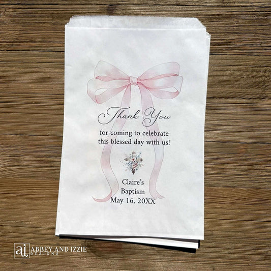 Pink Bow Baptism Favor Bags Personalized, celebrate this sacred milestone with elegant personalized baptism favor bags featuring delicate pink bows. Each bag is customized with your child's name, date, or special message, creating a meaningful keepsake guests will treasure.