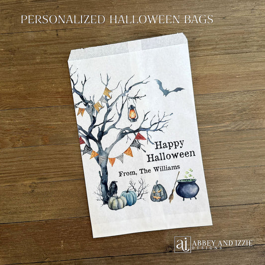 Personalized Spooky Halloween Treat Bags, perfect for trick or treat bags, candy bags or Halloween party favors.  Personalized for you and adorned with a spooky tree and Halloween fun graphics.  Larger than most treat bags, they measure 6" x 9".