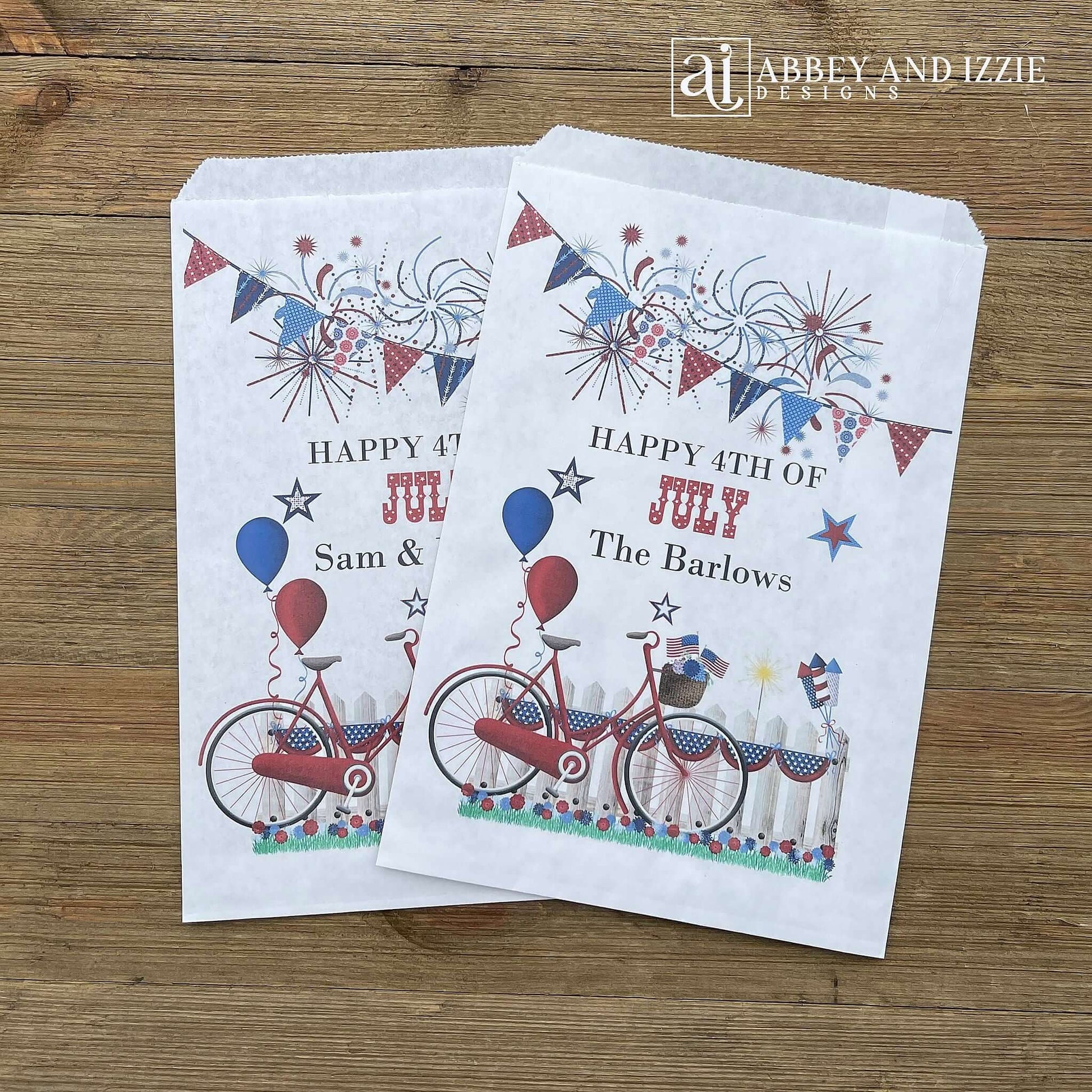 Our 4th of July Personalized Favor Bags are perfect for your party!  Printed in red, white and blue these are perfect for napkin and utensils, or fill with cookies.  