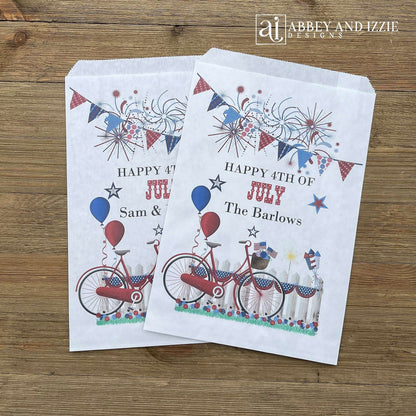 Our 4th of July Personalized Favor Bags are perfect for your party!  Printed in red, white and blue these are perfect for napkin and utensils, or fill with cookies.  
