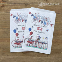 Happy 4th of July favor bags that are peresonalized for your party!  Printed in red, white and blue these are perfect for napkin and utensils, or fill with cookies.  