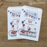 Happy 4th of July favor bags that are peresonalized for your party!  Printed in red, white and blue these are perfect for napkin and utensils, or fill with cookies.  