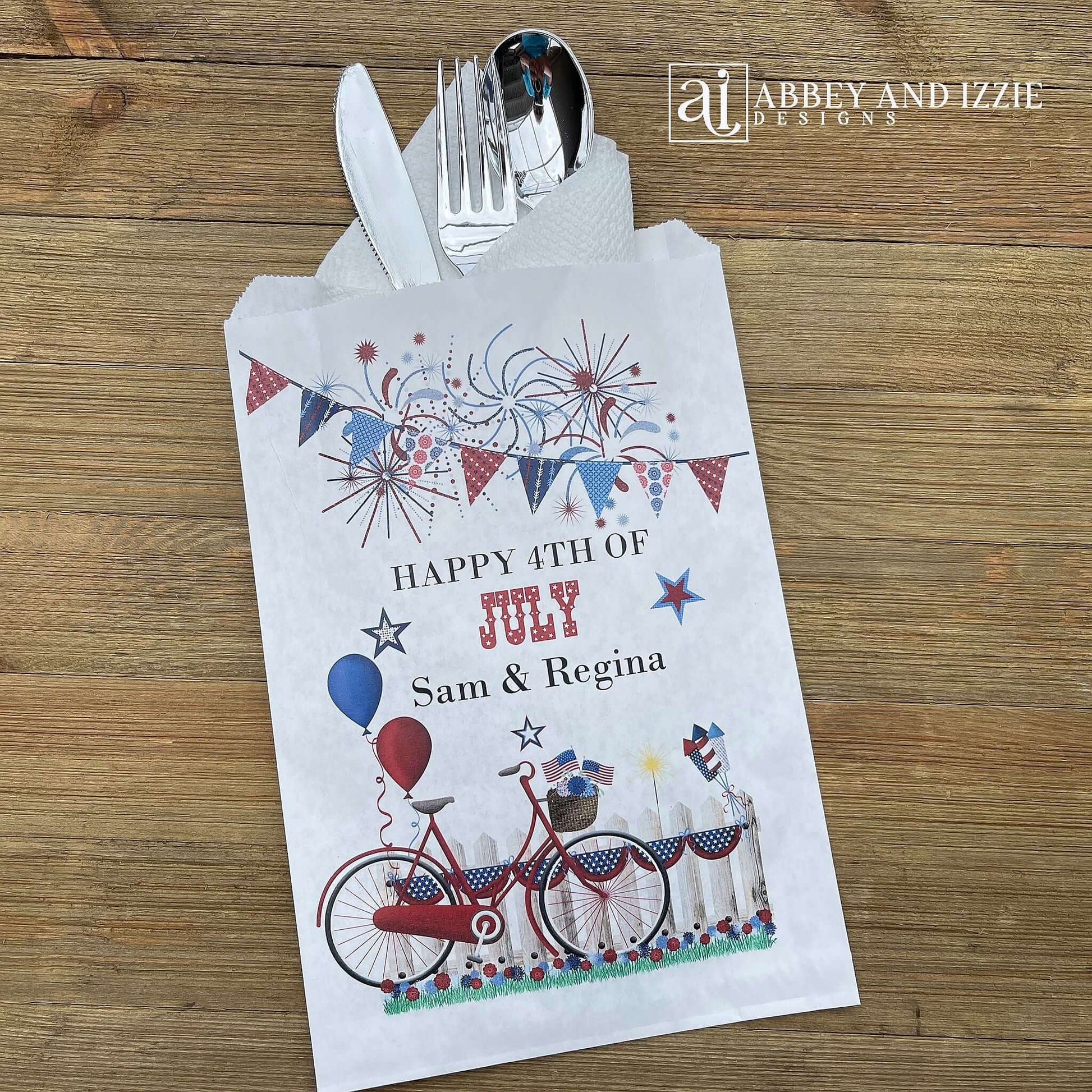 Our 4th of July Personalized Favor Bags are perfect for your party!  Printed in red, white and blue these are perfect for napkin and utensils, or fill with cookies.  