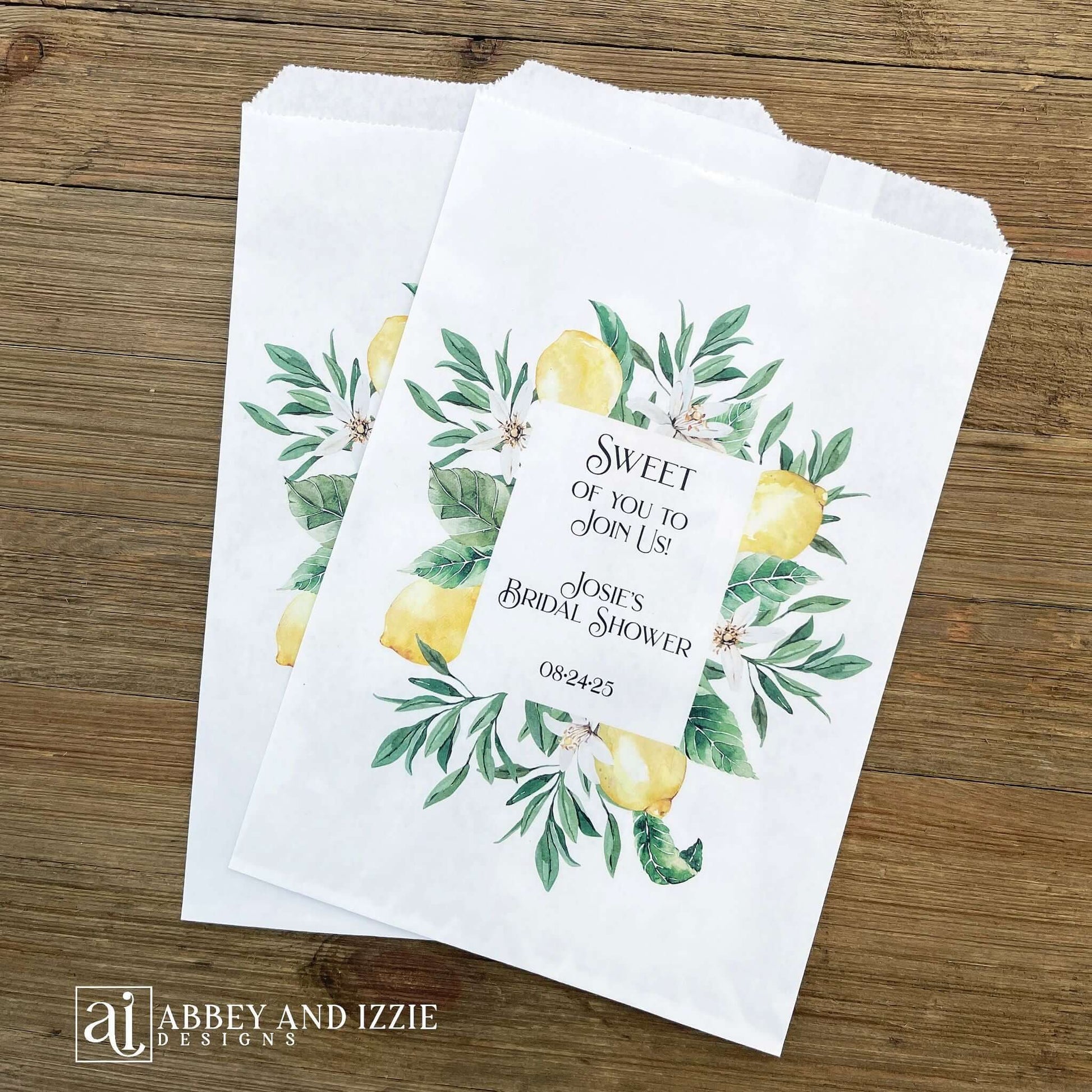 Amalfi Coast Bridal Shower Favor Bags, personalized for the bride.  Printed on white bags, our Amalfi Coast favor bags can be filled with cookies, candy, utensils or perfect for a candy buffet.  