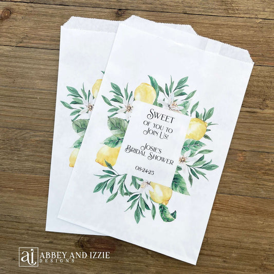 Amalfi Coast Bridal Shower Favor Bags, personalized for the bride.  Printed on white bags, our Amalfi Coast favor bags can be filled with cookies, candy, utensils or perfect for a candy buffet.  