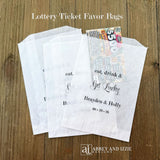 Wedding scratch off lotto favor bags, slide a lottery ticket inside for an interactive favor.  Bags will accept larger  scratch offs.  Personalized for the bride and groom, printed with 'eat, drink & get lucky'.  Bags are transluscent glassine.  