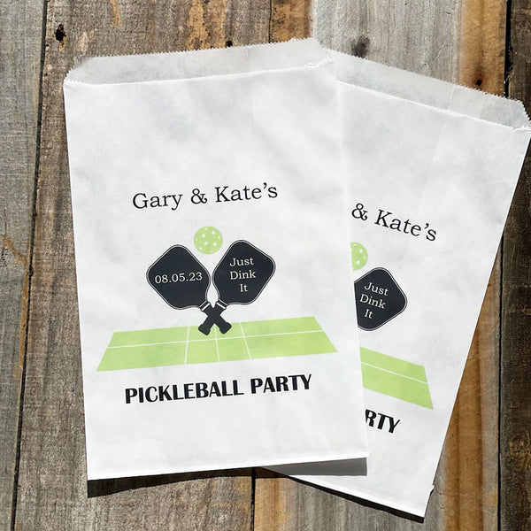 Pickleball party favor bags personalized for the event.  These can be used for any event, fill with candy, cookies, popcorn or use for utensils.