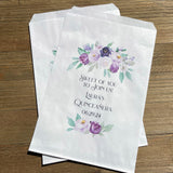 Sweet of you to join us Quinceanera favor bags, perfect for cookies,  sweet treats or candy buffet bags.  Bags are white with purple flowers printed for an elegant touch.  Personalized for the guest of honor.