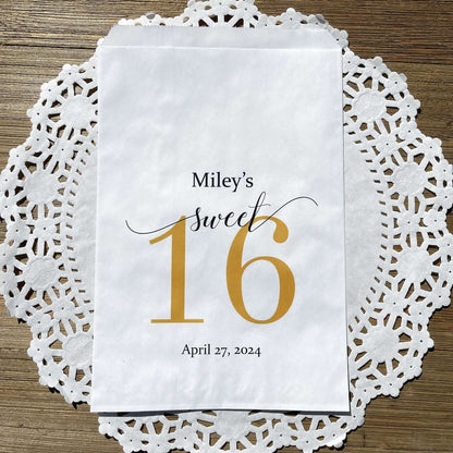 Sweet 16 Candy Bags Personalized, printed with a large sweet 16 and the guest of honors name and party date.  Printed on white bags, large enough for candy, cookies, popcorn or favors.  