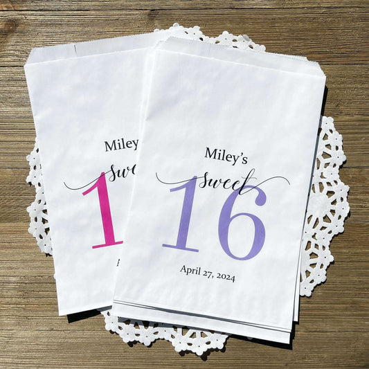 Sweet 16 Candy Bags Personalized, printed with a large sweet 16 and the guest of honors name and party date.  Printed on white bags, large enough for candy, cookies, popcorn or favors.  