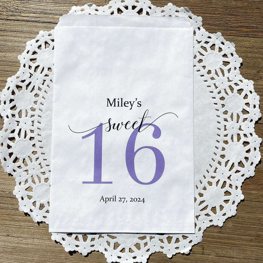 Sweet 16 Candy Bags Personalized, printed with a large sweet 16 and the guest of honors name and party date.  Printed on white bags, large enough for candy, cookies, popcorn or favors.  