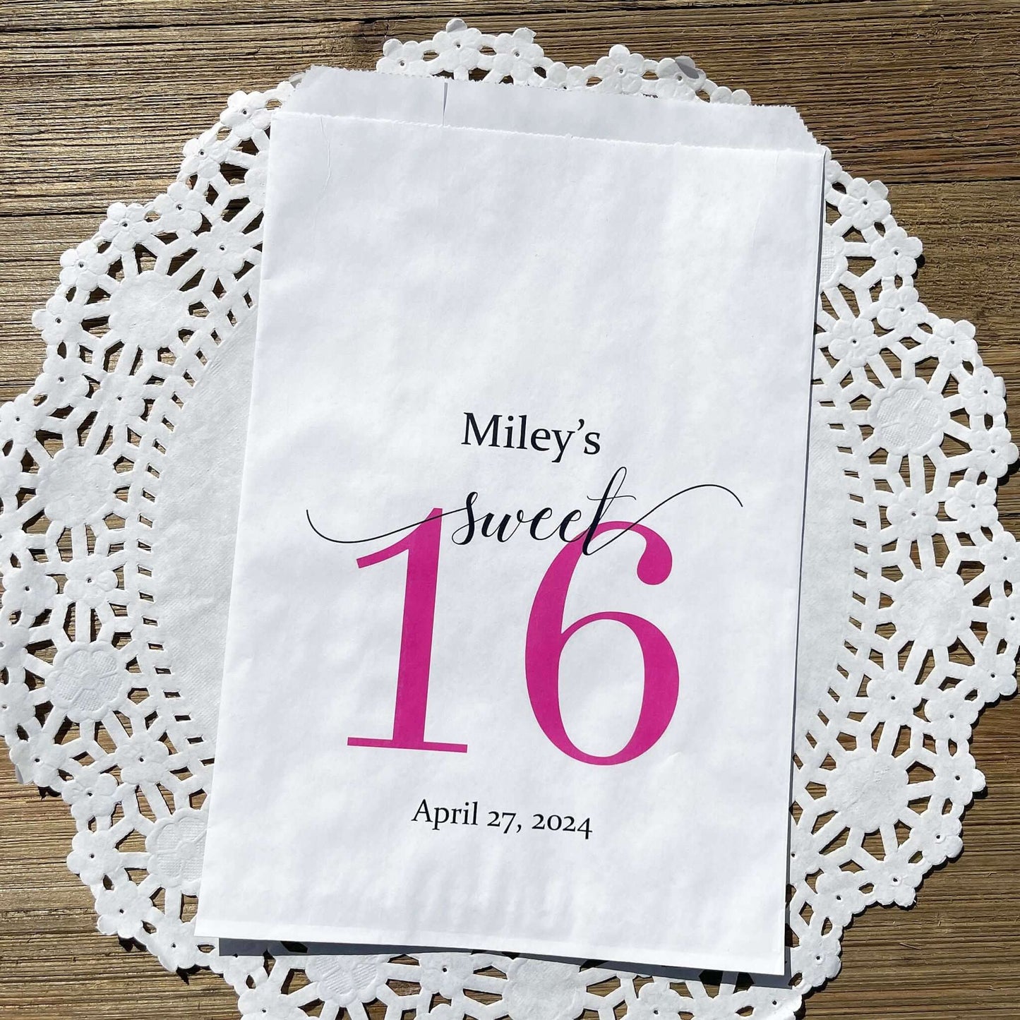 Sweet 16 Candy Bags Personalized, printed with a large sweet 16 and the guest of honors name and party date.  Printed on white bags, large enough for candy, cookies, popcorn or favors.  
