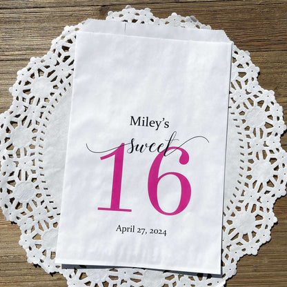 Sweet 16 Candy Bags Personalized, printed with a large sweet 16 and the guest of honors name and party date.  Printed on white bags, large enough for candy, cookies, popcorn or favors.  