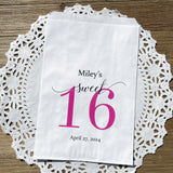 Personalized sweet 16 candy bags, printed with a large sweet 16 and the guest of honors name and party date.  Printed on white bags, large enough for candy, cookies, popcorn or favors.  