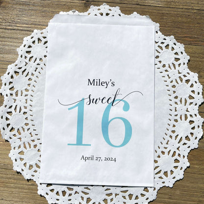 Sweet 16 Candy Bags Personalized, printed with a large sweet 16 and the guest of honors name and party date.  Printed on white bags, large enough for candy, cookies, popcorn or favors.  