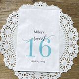 Personalized sweet 16 candy bags, printed with a large sweet 16 and the guest of honors name and party date.  Printed on white bags, large enough for candy, cookies, popcorn or favors.  