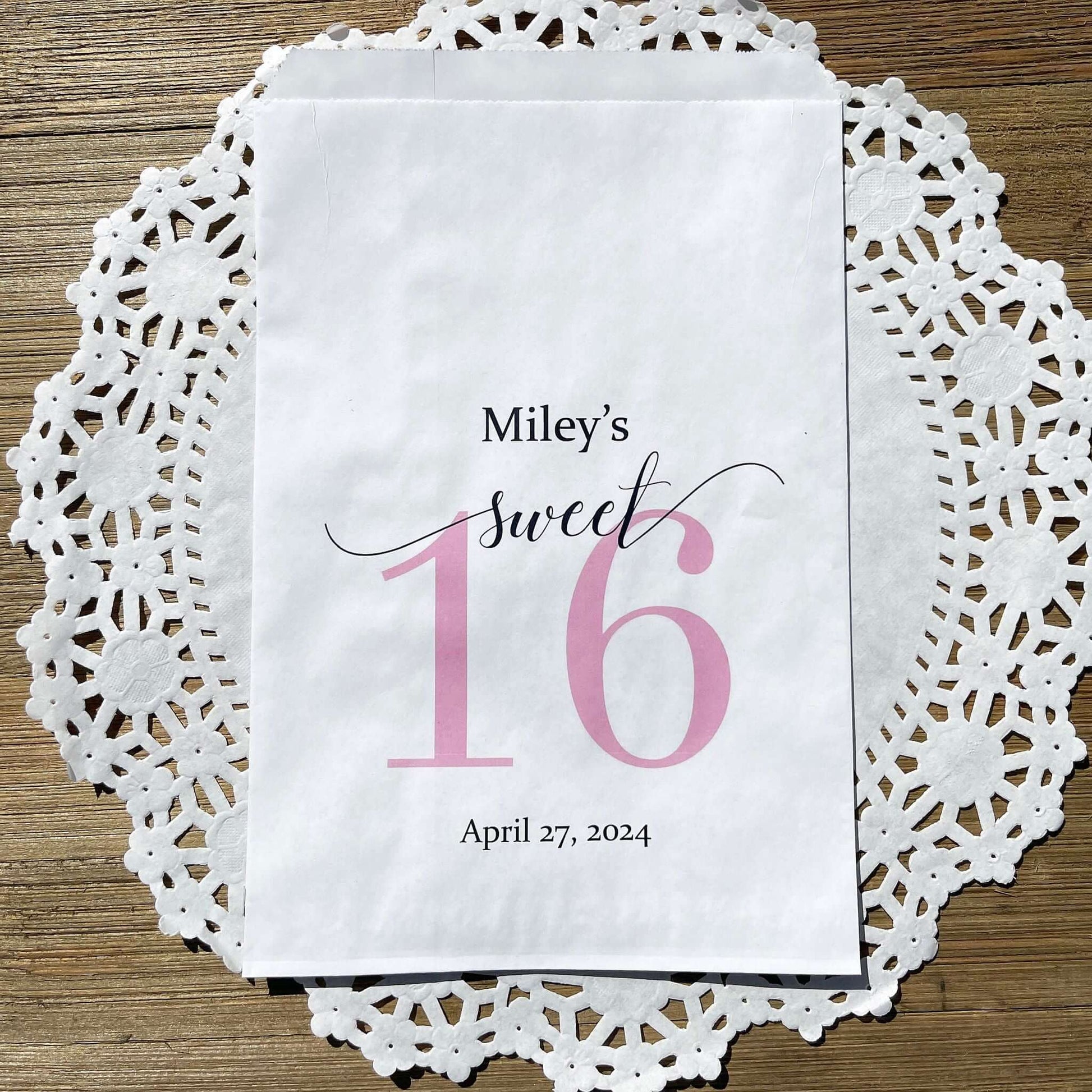 Sweet 16 Candy Bags Personalized, printed with a large sweet 16 and the guest of honors name and party date.  Printed on white bags, large enough for candy, cookies, popcorn or favors.  