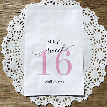 Sweet 16 Candy Bags Personalized, printed with a large sweet 16 and the guest of honors name and party date.  Printed on white bags, large enough for candy, cookies, popcorn or favors.  